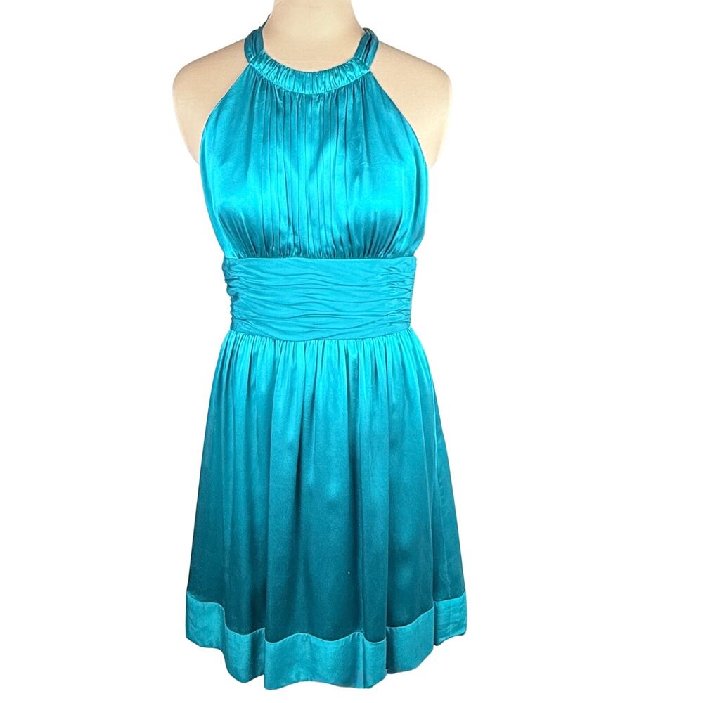 Silk Teal Cache Halter Top Ruched Cocktail Dress sz 8